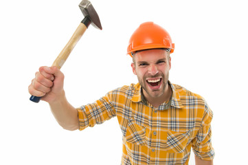 Man shouting. Man builder hard hat. Threaten with hammer. Angry aggressive guy. Improvement and...