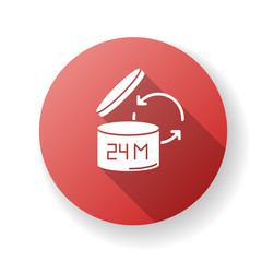 Product shelf life red flat design long shadow glyph icon. Cosmetics expiration date, merchandise safe use and consumption period. Open lid packaging. Silhouette RGB color illustration