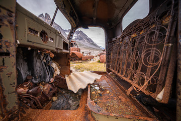Interior of an abandoned military vehicle in Greenland