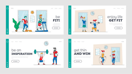 Sport Activity, Healthy Life Landing Page Template Set. People Doing Fitness Workout with Weight, Run on Treadmill. Characters Training with Professional Equipment in Gym. Linear Vector Illustration