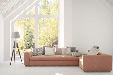 Stylish room in white color with sofa and autumn landscape in window. Scandinavian interior design. 3D illustration