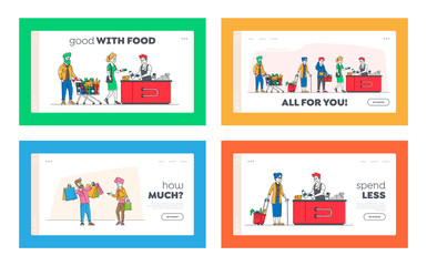Shopping Queue in Supermarket Landing Page Template Set. Customer Characters with Goods in Trolley, Basket and Cart at Cashier Desk Pay for Purchase Credit Cards. Linear People Vector Illustration