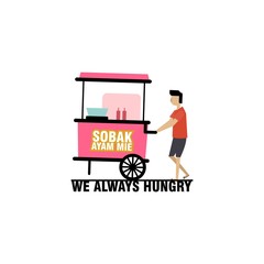 chicken noodle cart seller flat cartoon illustration