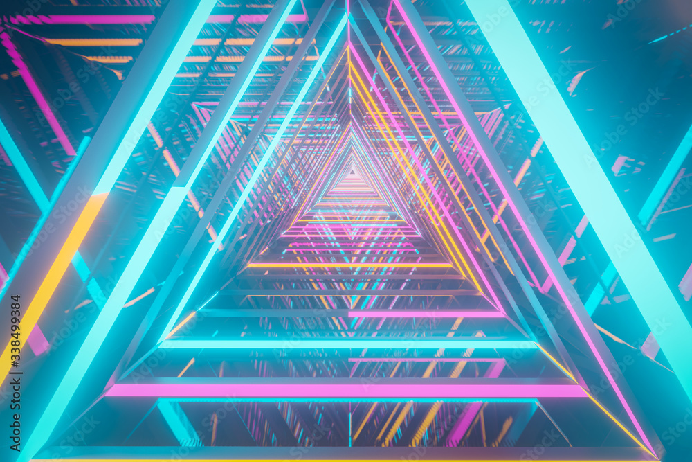 Poster Abstract neon triangle pattern light effect symmetry reflection for background 3D installation