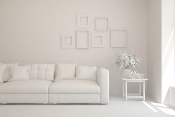 White minimalist living room with sofa. Scandinavian interior design. 3D illustration
