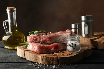 Composition with raw meat and ingredients. Cooking steak concept