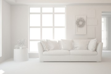 White minimalist living room with sofa. Scandinavian interior design. 3D illustration