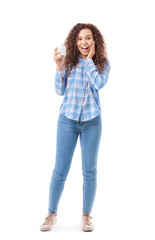 Fototapeta premium African-American woman with milk on white background