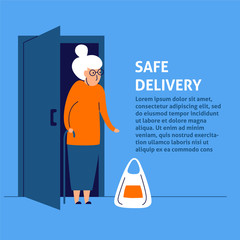 A square vector image of an old woman getting a safe shipping. Safe delivery service. Coronavirus quarantine illustration. 