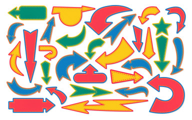 Arrow patch cartoon set. Colorful fashion patches scrapbook design elements. Cursor sign various directions. Different arrows pointer pattern, layered stitched. Comic 80s style. Vector illustration