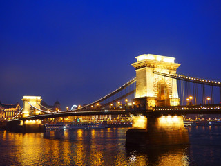 View of the Szechenyi Chain Bridge at night in Budapest, Hungary.