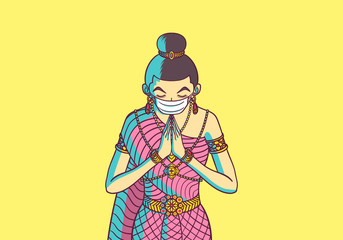 thai woman wear a face mask and greeting with sawasdee symbol raise hands to pay respect for protection coronavirus covid-19