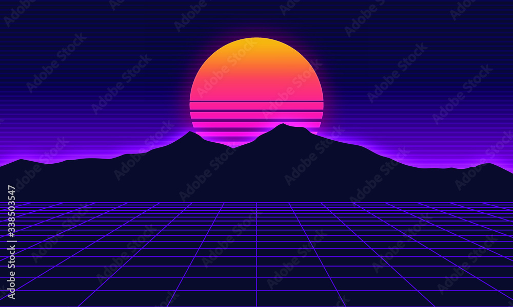 Wall mural skyline retro style. vaporwave futuristic 80's synthwave landscape and sun background with grid