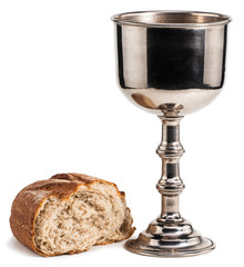 holy communion chalice with wine and bread isolated on white background