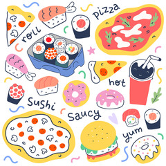 Fast food collection, menu food illustrations for delivery service, italian pepperoni pizza, japanese sushi rolls and philadelphia, trendy doodle hand drawn illustration, isolated vector.