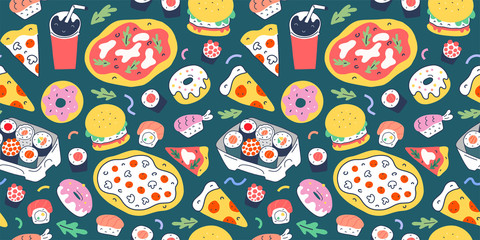 Fastfood pattern with doodle food illustrations. Seamless vector background, italianpizza, sushi rolls,burgers and donuts, slices of pepperoni and margherita, trendy cartoon, vector texture