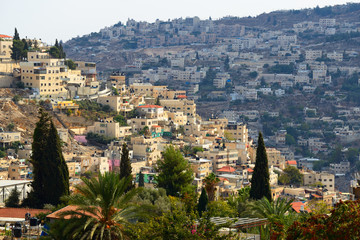 Fototapeta premium Buildings of old Jerusalem on the slope of Mount of Olives. Israel