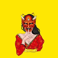 Japanese geisha turned into a devil with a mask on a yellow background