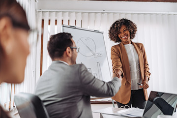 Portrait of cheerful businesswoman handshake with a client