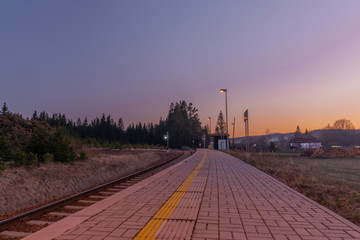 Hodnov station in spring sunny evening after sunset