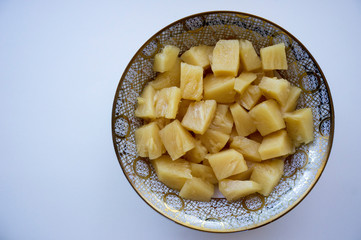 Canned pineapples in a beautiful dish
