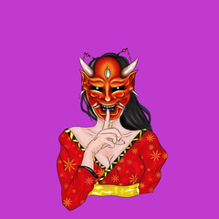 Japanese geisha turned into a devil with a mask on a purple background