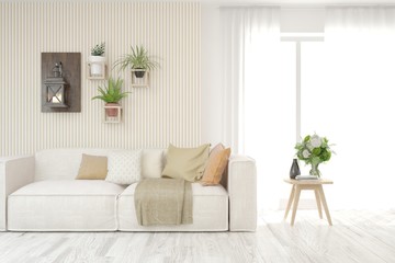 White living room with sofa. Scandinavian interior design. 3D illustration