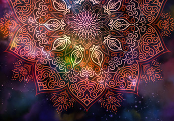 Abstract ancient geometric with star field and colorful galaxy background, watercolor digital art painting and mandala graphic design
