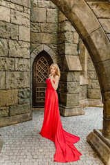 A woman in a red dress stands on a background of a medieval castle