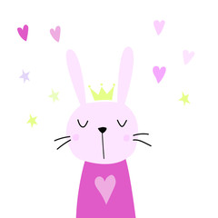 Cute pink rabbit with a crown in a Scandinavian style flat illustration. Rabbit, hearts and stars on a white background. Design idea for children's t-shirts, dishes, postcards.