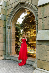 A woman in a red dress stands on a background of a medieval castle
