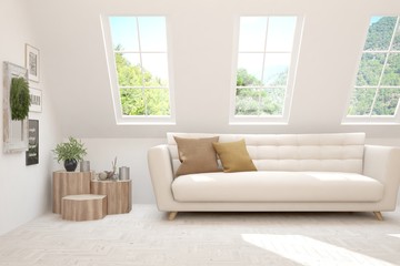 White living room with sofa and summer landscape in window. Scandinavian interior design. 3D illustration