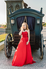 A woman in a red dress stands on a background of a medieval castle