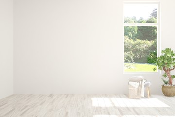 Stylish empty room in white color with summer landscape in window. Scandinavian interior design. 3D illustration