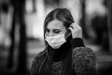 Woman in protective surgical mask. Chinese Coronavirus disease COVID-19 is dangerous