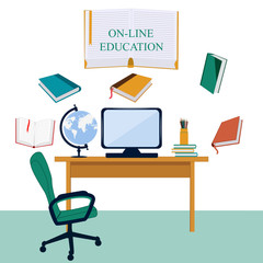 Online education - books, desk, computer, chair - vector. Home interior. Quarantine. Work from home. Social concept