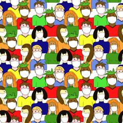 Seamless pattern with ill people with medical mask. Coronavirus pandemic. Problem of virus spreading in society. Simple colorful vector illustration in cartoon doodle. Quarantine isolation awareness.