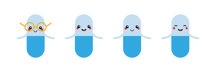 Set, collection of cute and smiling cartoon style pills characters for medical, health care design.
