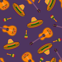 Guitar, maracas and sombrero on dark background. Mexican seamless pattern. Vector festive illustration in cartoon simple flat style. Cinco de mayo card.