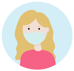 Woman wears a medical face mask to prevent diseases such as coronavirus, flu, and air pollution. Virus prevention concept. Vector illustration in flat style