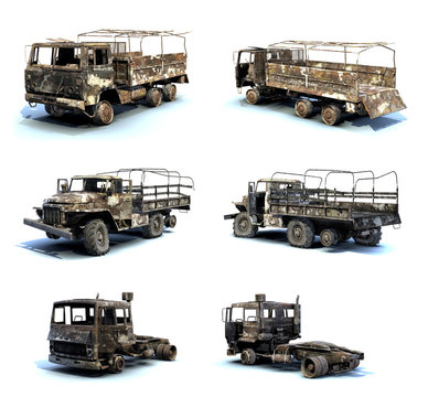 Set of 3D-renders of burnt trucks on white background