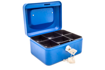 Open blue safe with a key