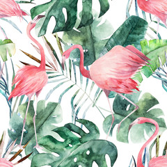 Motif tropical harmonieux de flamants roses et de palmiers. Impression aquarelle sur fond blanc. Illustration dessinée à la main d& 39 été