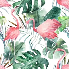 Afwasbaar Fotobehang Flamingo Tropisch naadloos patroon met flamingo en palmbomen. Aquarel print op witte achtergrond. Zomer handgetekende illustratie