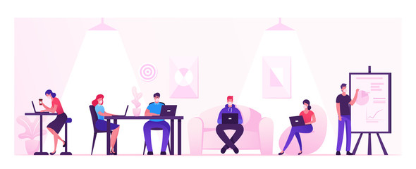 Business People Characters Working and Relaxing in Coworking Area or Creative Office at Covid19 Quarantine. Teamwork Communication, Digital Technologies and Crowdsourcing. Cartoon Vector Illustration