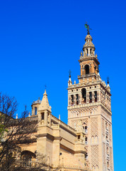 View of the Giralda in Seville, Spain. It is the bell tower of the Cathedral of Saint Mary of the See in Seville, Andalusia, Spain.