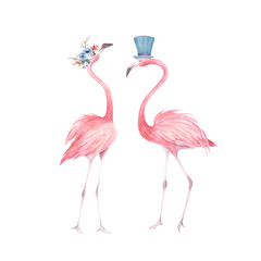 Watercolor print. Groom and bride flamingos on white background. Vintage wedding illustration
