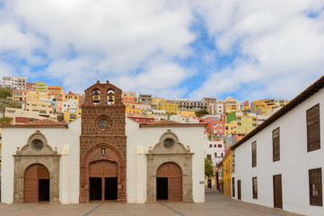 Main facade of the main church of the Assumption dated in the XV century in San Sebastian de la Gomera. April 15, 2019. La Gomera, Santa Cruz de Tenerife Spain Africa.
