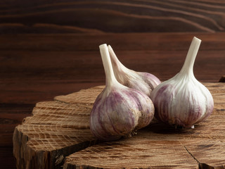 Garlic on a dark wooden background.