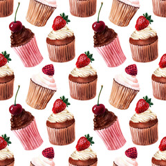 Watercolor seamless pattern with buns, cream cupcakes and ripe strawberries, raspberries and cherries